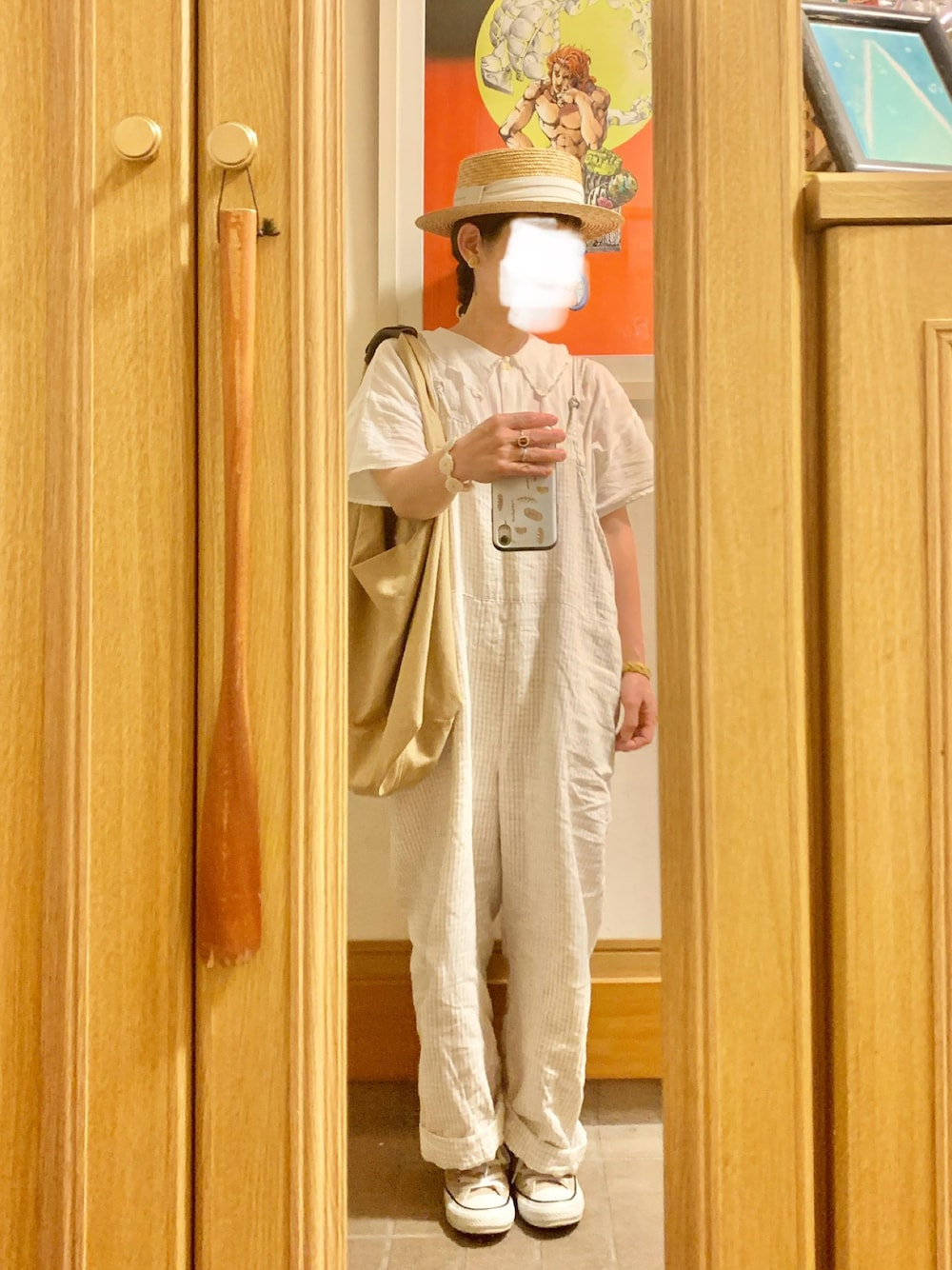 「昨日のコーデ、昨日の服、麦わら帽子、オーバーオール、昨日の買い物」｜「14+の麦ブレードカンカン帽（ハット、ホワイト系）」を使った、まっきさん（レディース・150cm）の秋コーディネートの1枚目の写真