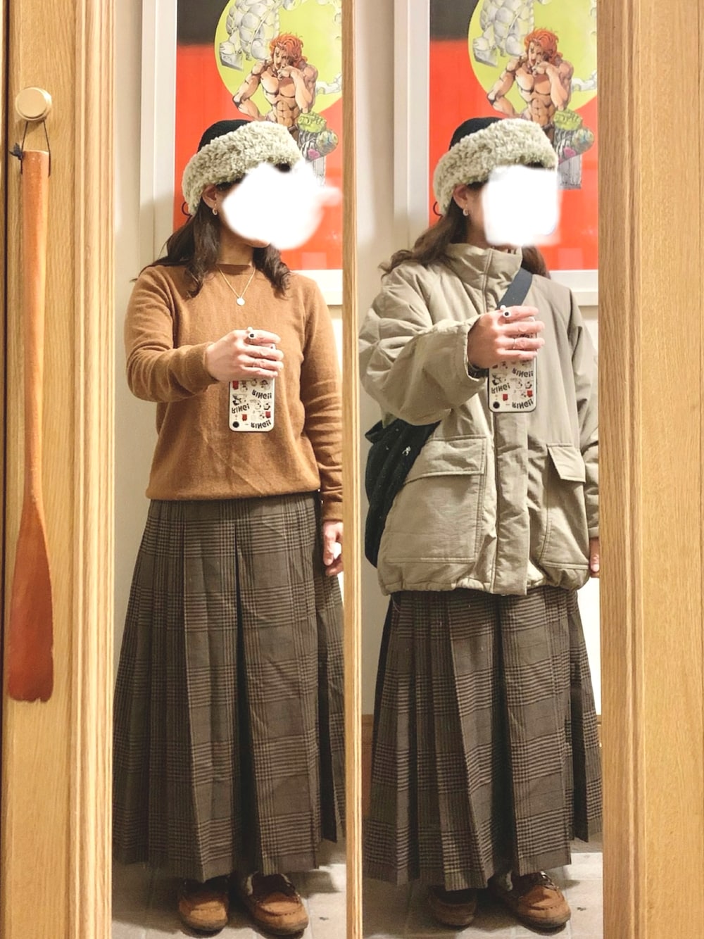 「昨日のコーデ、昨日の服、カシミヤ、チェック柄、モカシン」｜「UNIQLOのアイテム（ニット/セーター、ブラウン系）」を使った、まっきさん（レディース・150cm）の冬コーディネートの1枚目の写真