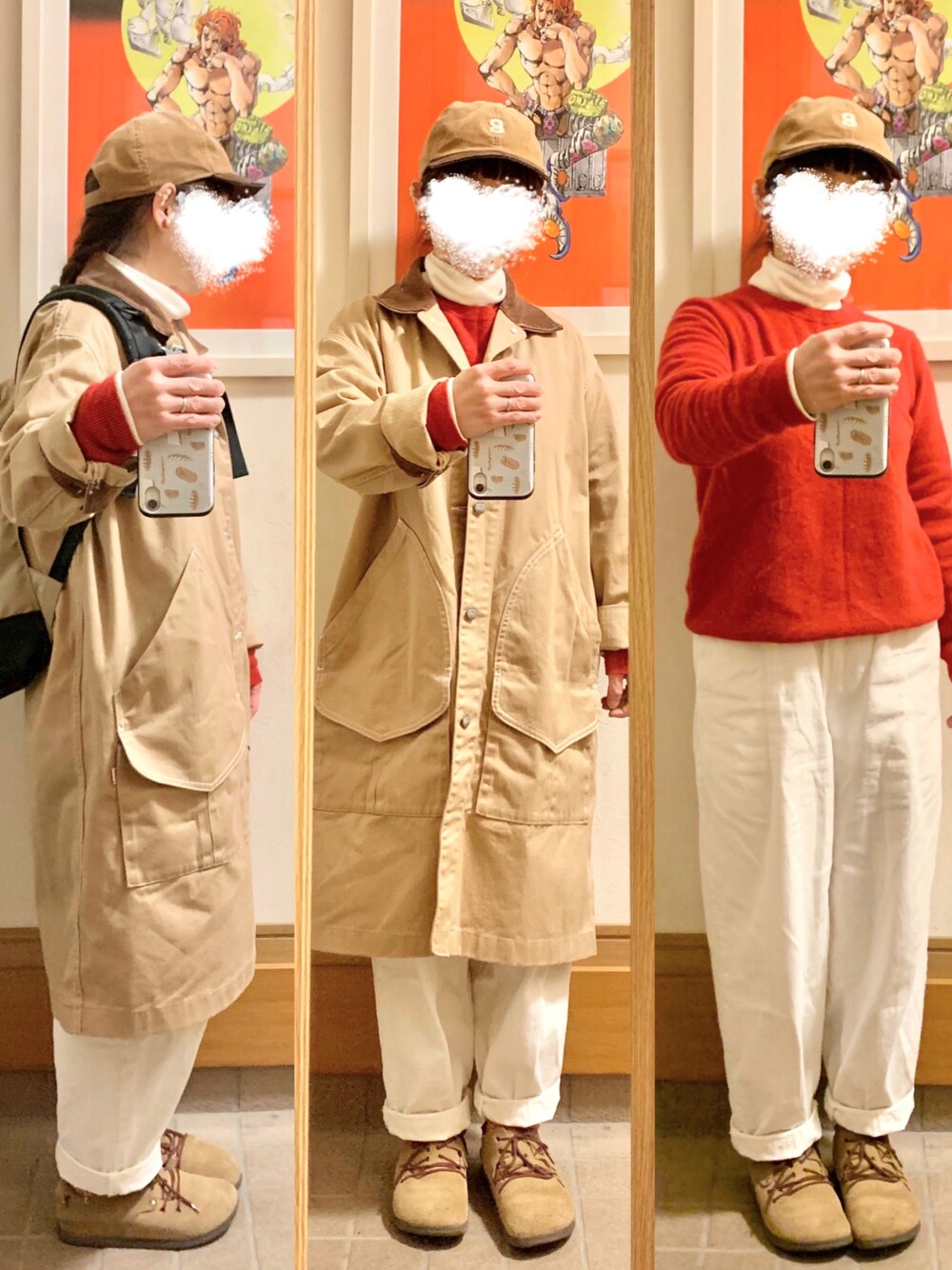 「今日のコーデ、今日の服、キャップ、アウトドアスタイル、モンタナ、赤、デニムバルーンアンクルパンツ」｜「GUのアイテム（デニムパンツ、ホワイト系）」を使った、まっきさん（レディース・149cm）の秋コーディネートの1枚目の写真