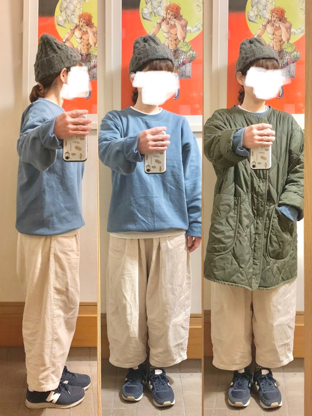 「昨日のコーデ、昨日の服、ニット帽、ライナー、スウェット、リメイク古着、コーデュロイパンツ、作家メイド、中古靴、古着」｜「Samansa Mos2のアイテム（モッズコート、グリーン系）」を使った、まっきさん（レディース・149cm）の春コーディネートの1枚目の写真