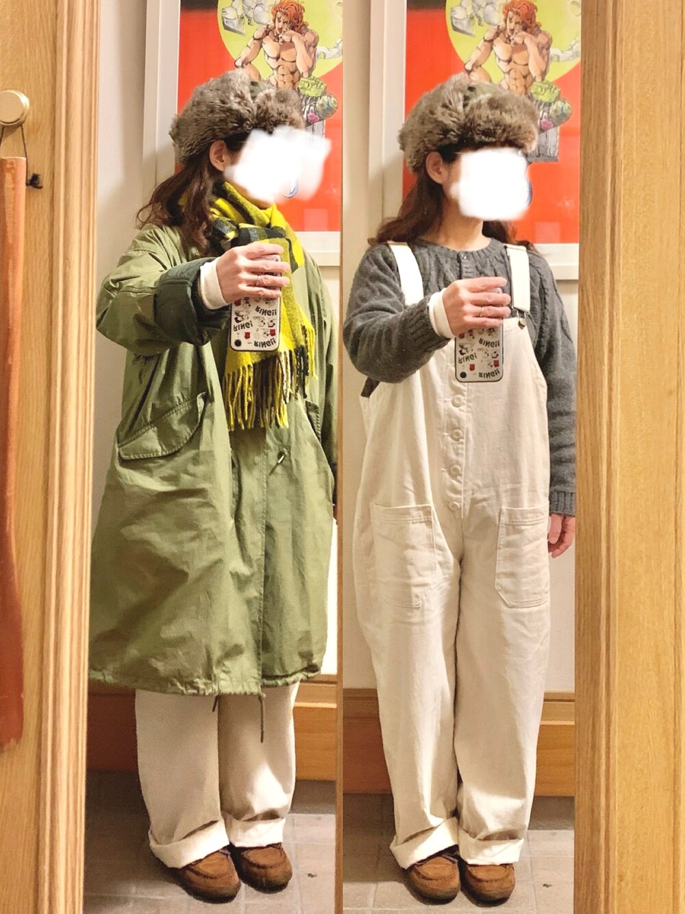「昨日の服、昨日のコーデ、オーバーオール、ニットカーディガン、モッズコート、モカシン」｜「マルシェ購入品のアイテム（サロペット/オーバーオール、ホワイト系）」を使った、まっきさん（レディース・150cm）の冬コーディネートの1枚目の写真