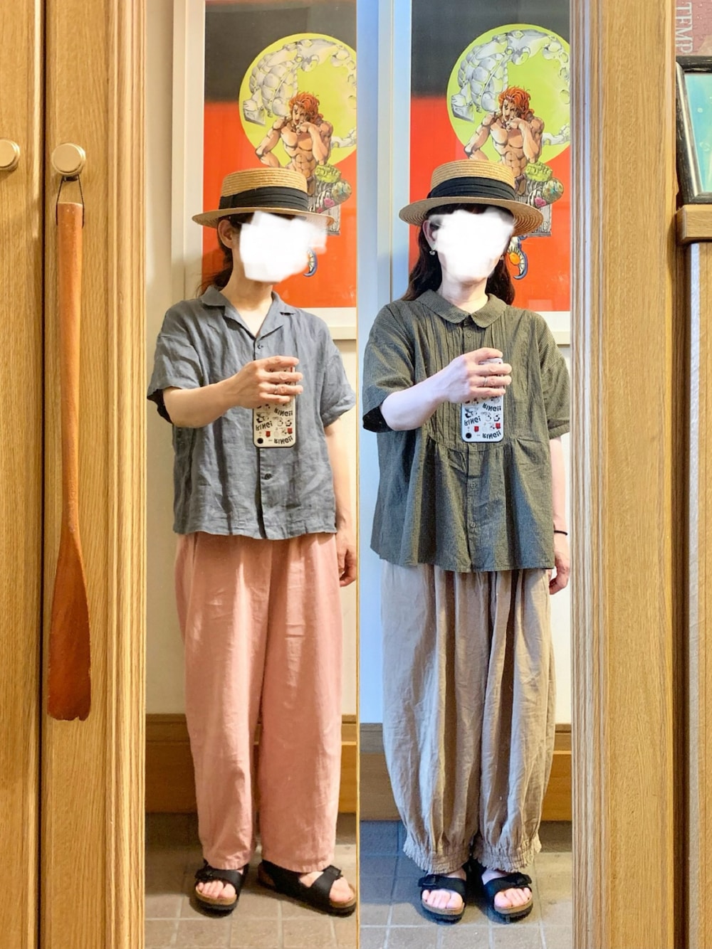 「シンプルコーデ」｜「Samansa Mos2の丸襟前後着ギンガムチェックブラウス（シャツ/ブラウス、ブラウン系）」を使った、まっきさん（レディース・150cm）の夏コーディネートの1枚目の写真