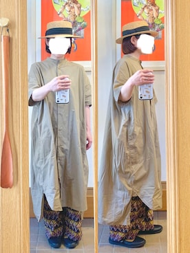 「麦わら帽子」｜「アイテム（シャツワンピース）」を使った、まっきさん（レディース・149cm）の秋コーディネート