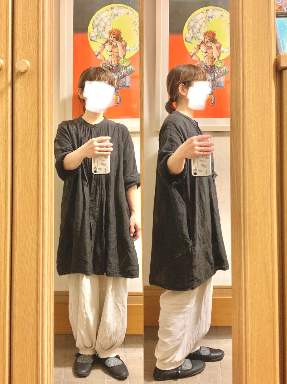 「昨日のコーデ、昨日の服、リネンシャツ、リネンパンツ」｜「Samansa Mos2のアイテム（チュニック、グレー系）」を使った、まっきさん（レディース・149cm）の秋コーディネートの1枚目の写真