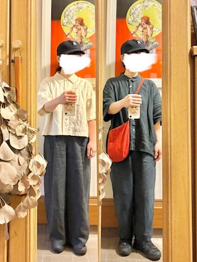 「マルシェ購入品のアイテム（キャップ、ブラック系）」を使った、まっきさん（レディース・150cm）の秋コーディネート