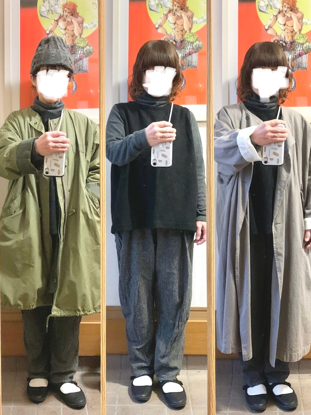 「昨日のコーデ、ニット帽、モッズコート、ヒートテックフリースタートルネックＴシャツ、ストラップシューズ、ベスト」｜「しまむらのアイテム（パンツ、グレー系）」を使った、まっきさん（レディース・149cm）の冬コーディネートの1枚目の写真