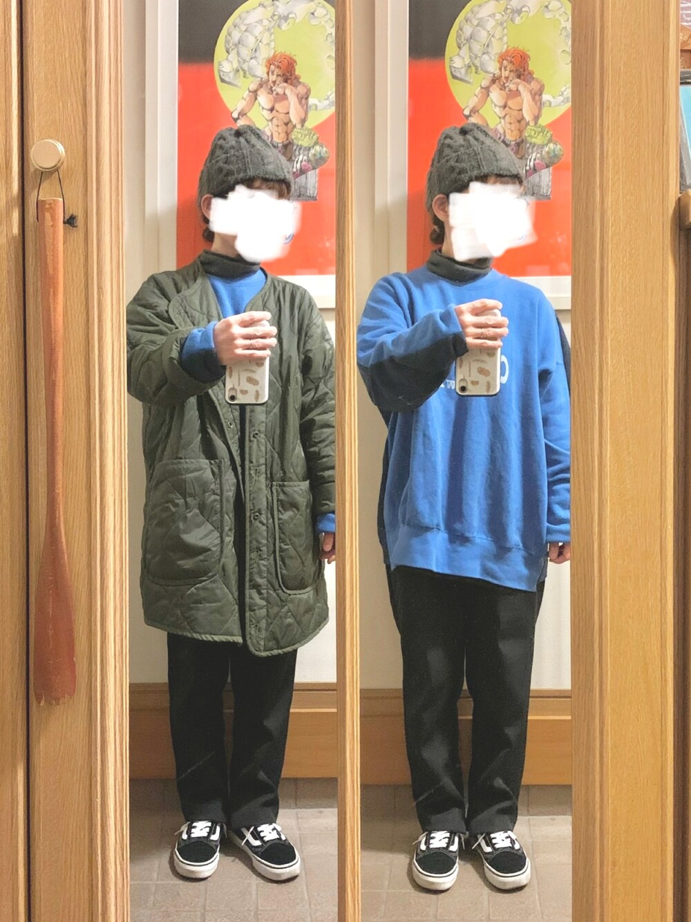 「昨日のコーデ、昨日の服、ニット帽、スウェット、古着、ライナー、ヒートテックフリースタートルネックＴシャツ」｜「VANSのアイテム（スニーカー、ブラック系）」を使った、まっきさん（レディース・149cm）の春コーディネートの1枚目の写真