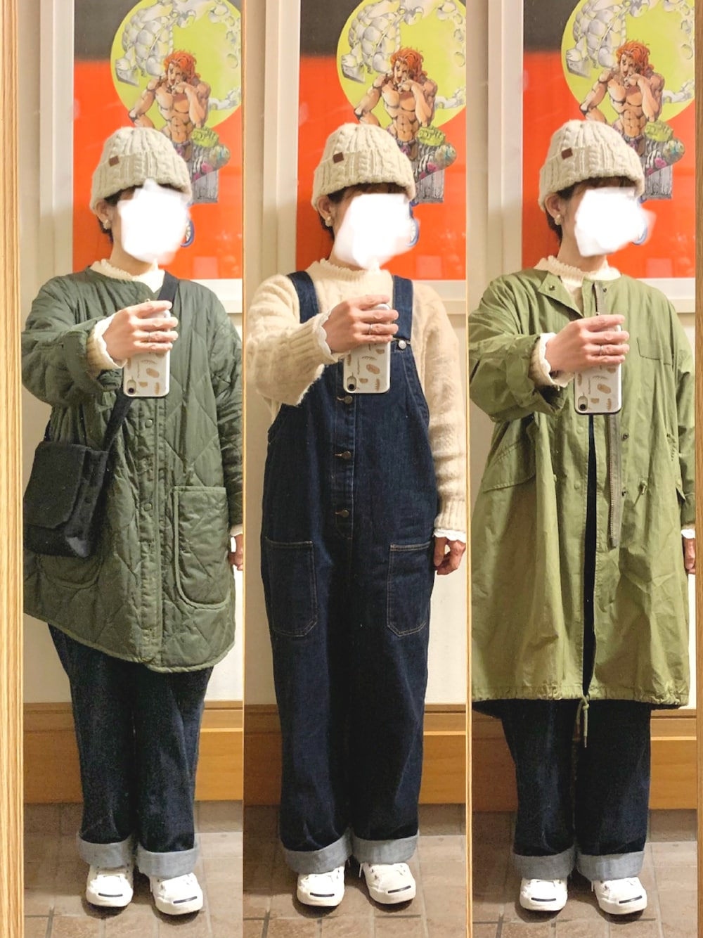 「昨日のコーデ、昨日の服、ニット帽、ニット、オーバーオール、モッズコート、ライナー」｜「Samansa Mos2の前あきサロペット（サロペット/オーバーオール、ブルー系）」を使った、まっきさん（レディース・149cm）の春コーディネートの1枚目の写真