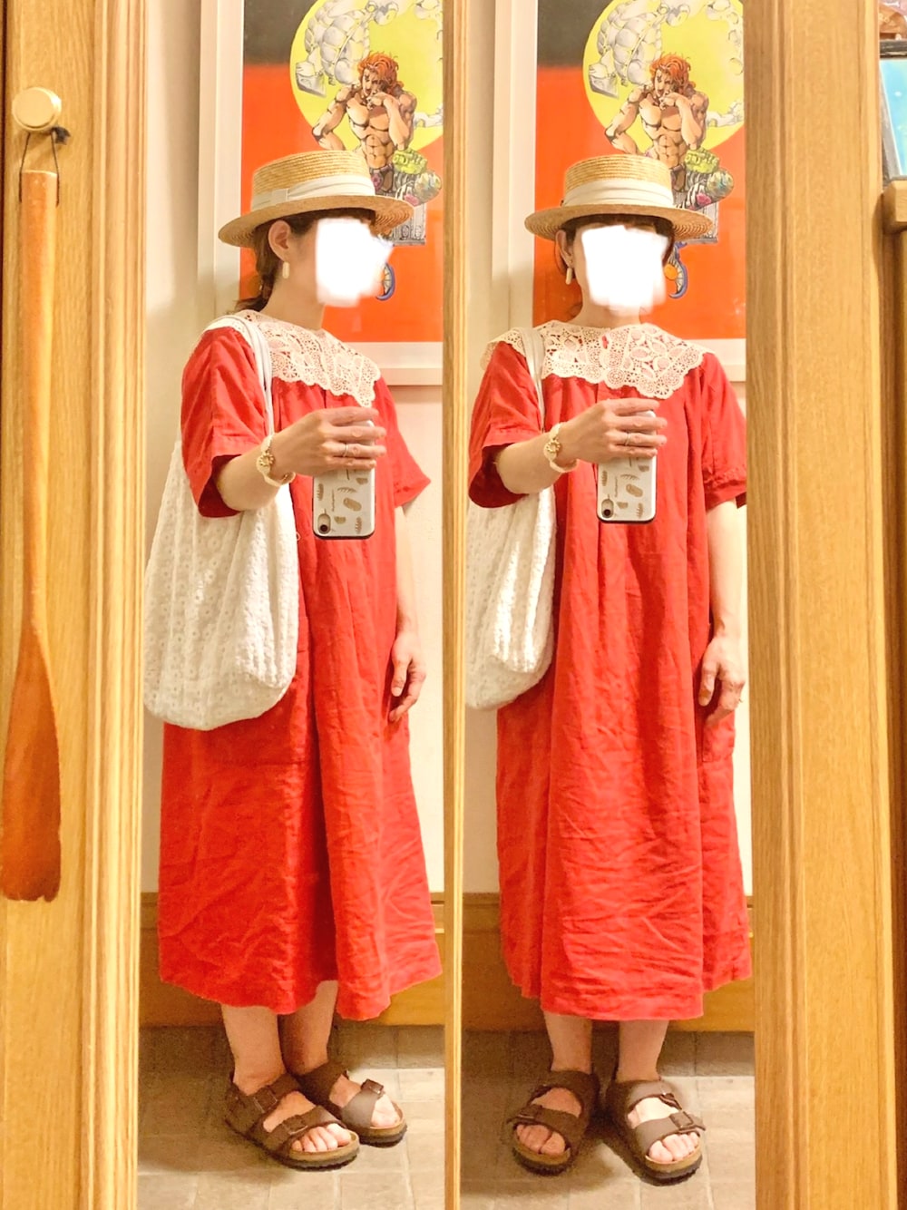 「今日のコーデ、今日の服、昨日の買い物、古着、麦わら帽子、つけ襟、休日コーデ」｜「14+の麦ブレードカンカン帽（ハット、ホワイト系）」を使った、まっきさん（レディース・149cm）の夏コーディネートの1枚目の写真