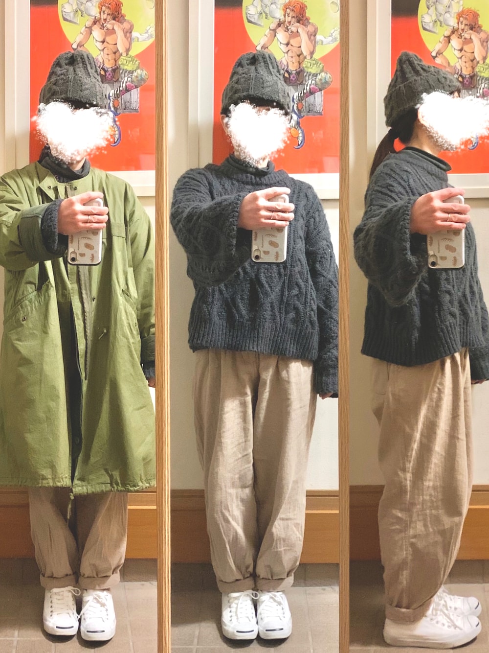 「今日の服、今日のコーデ、ニット帽、ニット、ヒートテックフリースタートルネックＴシャツ、モッズコート、ジャックパーセル、バルーンパンツ」｜「Samansa Mos2のノーカラー3wayモッズコート（モッズコート、グリーン系）」を使った、まっきさん（レディース・149cm）の冬コーディネートの1枚目の写真