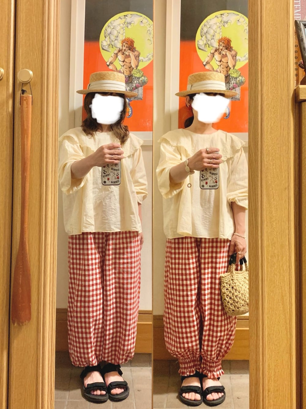「昨日のコーデ、昨日の服、麦わら帽子、ガーリー、ギンガムチェック、スポサン、麻紐バック」｜「Samansa Mos2の襟ラウンドレースブラウス（シャツ/ブラウス、ホワイト系）」を使った、まっきさん（レディース・150cm）の夏コーディネートの1枚目の写真