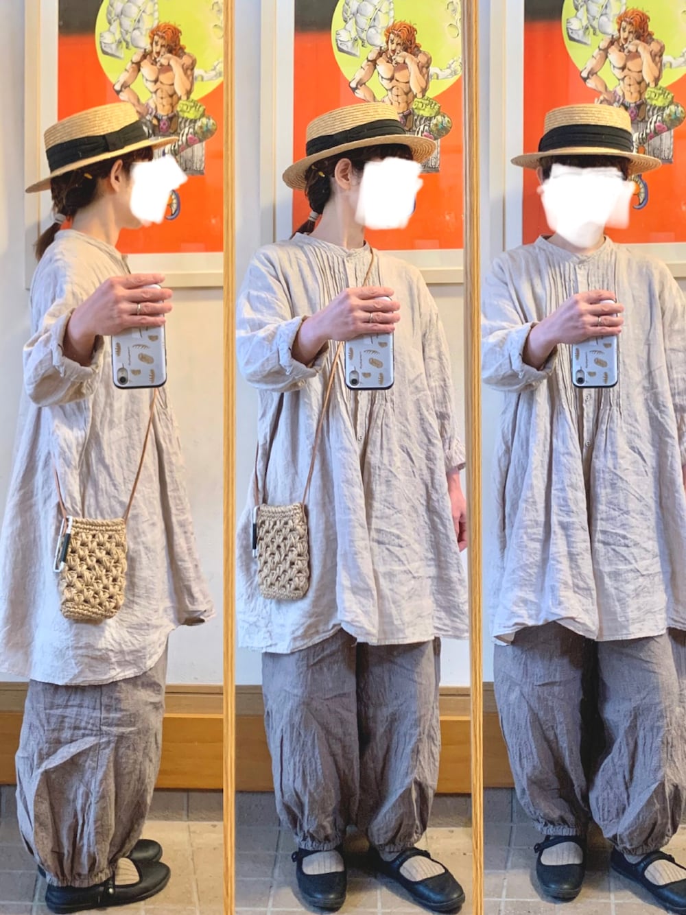 「昨日のコーデ、昨日の服、麦わら帽子、ゆるコーデ、リネン、古着」｜「14+の麦ブレードカンカン帽（ハット、ブラック系）」を使った、まっきさん（レディース・149cm）の春コーディネートの1枚目の写真