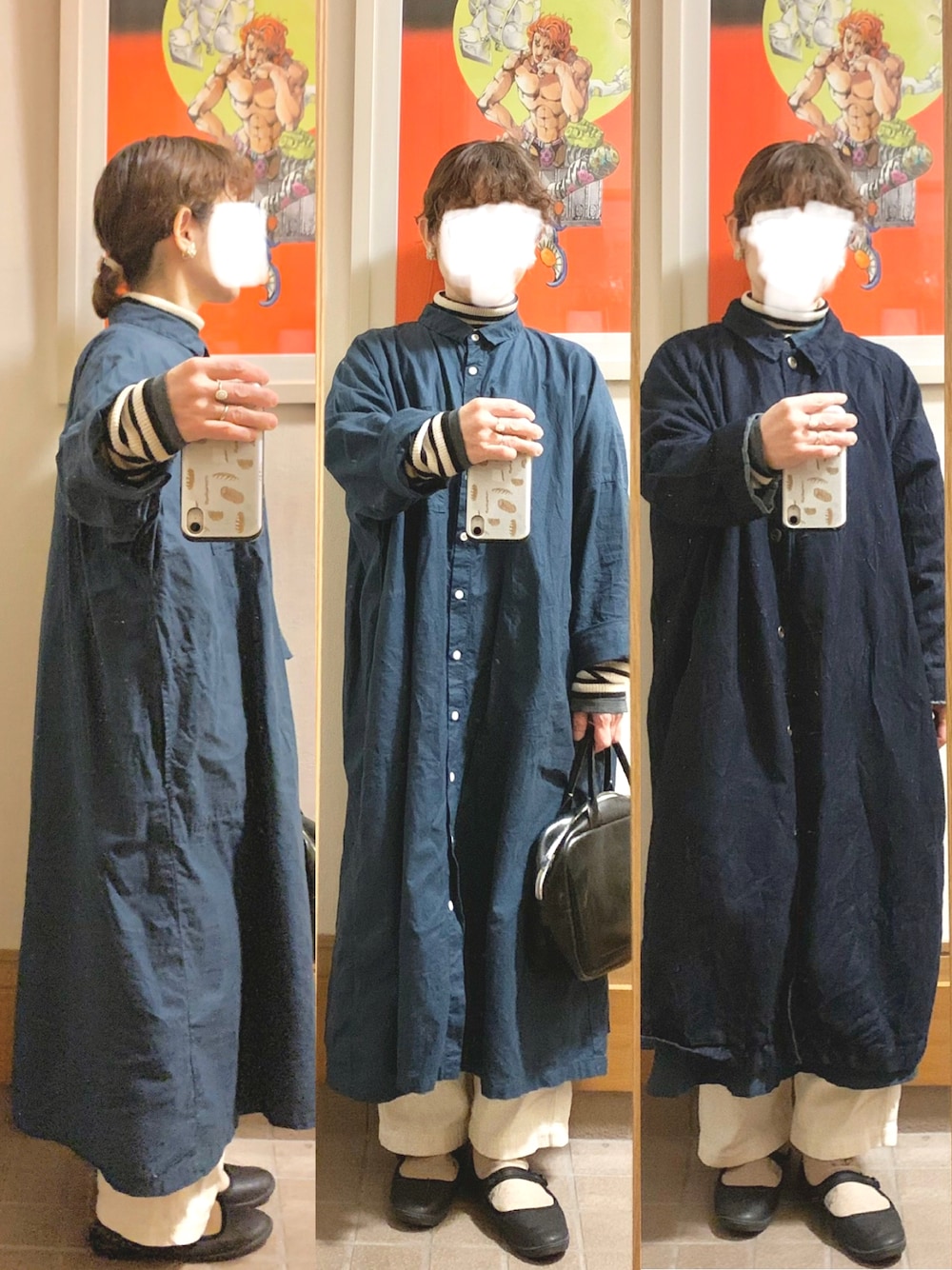 「今日のコーデ、今日の服、タートルネック、シャツワンピ、デニムコート」｜「studio la causeのアイテム（バッグ、ブラック系）」を使った、まっきさん（レディース・149cm）の冬コーディネートの1枚目の写真