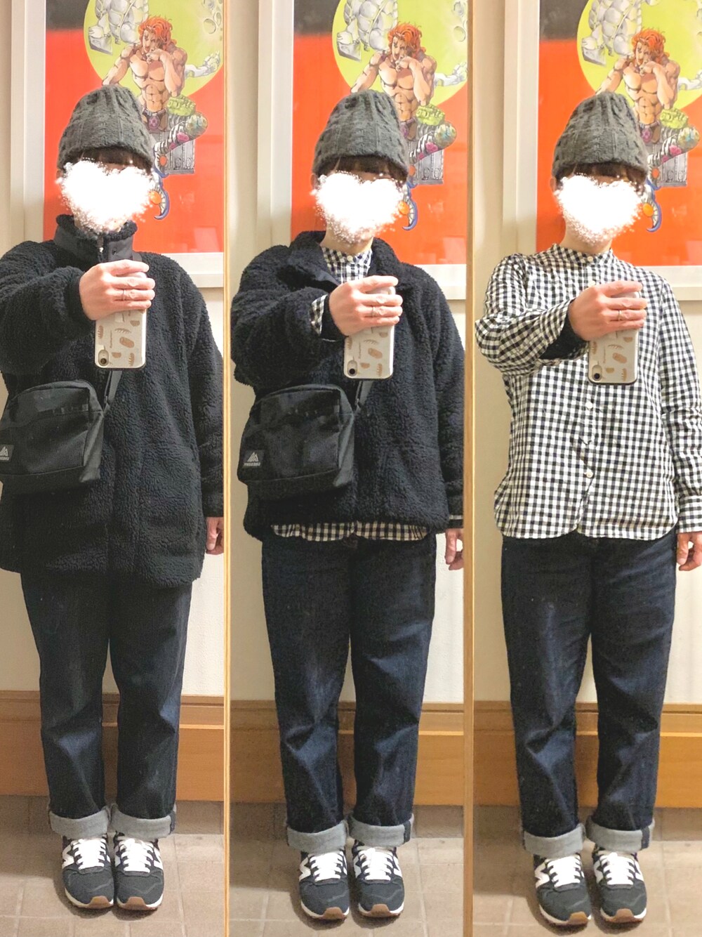 「今日のコーデ、今日の服、アウトドア感、中古靴、ギンガムチェック、デニム、ニット帽、低身長」｜「SOのアイテム（シャツ/ブラウス、ブラック系）」を使った、まっきさん（レディース・149cm）の冬コーディネートの1枚目の写真