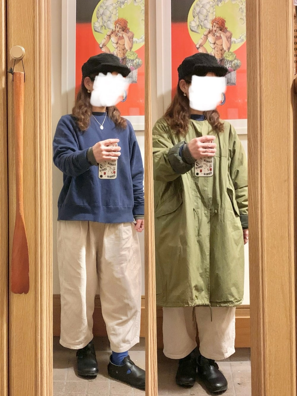 「いつかのコーデ、青、古着、コーデュロイパンツ、モッズコート、ビルケン」｜「作家メイドのアイテム（パンツ、ホワイト系）」を使った、まっきさん（レディース・150cm）の春コーディネートの1枚目の写真