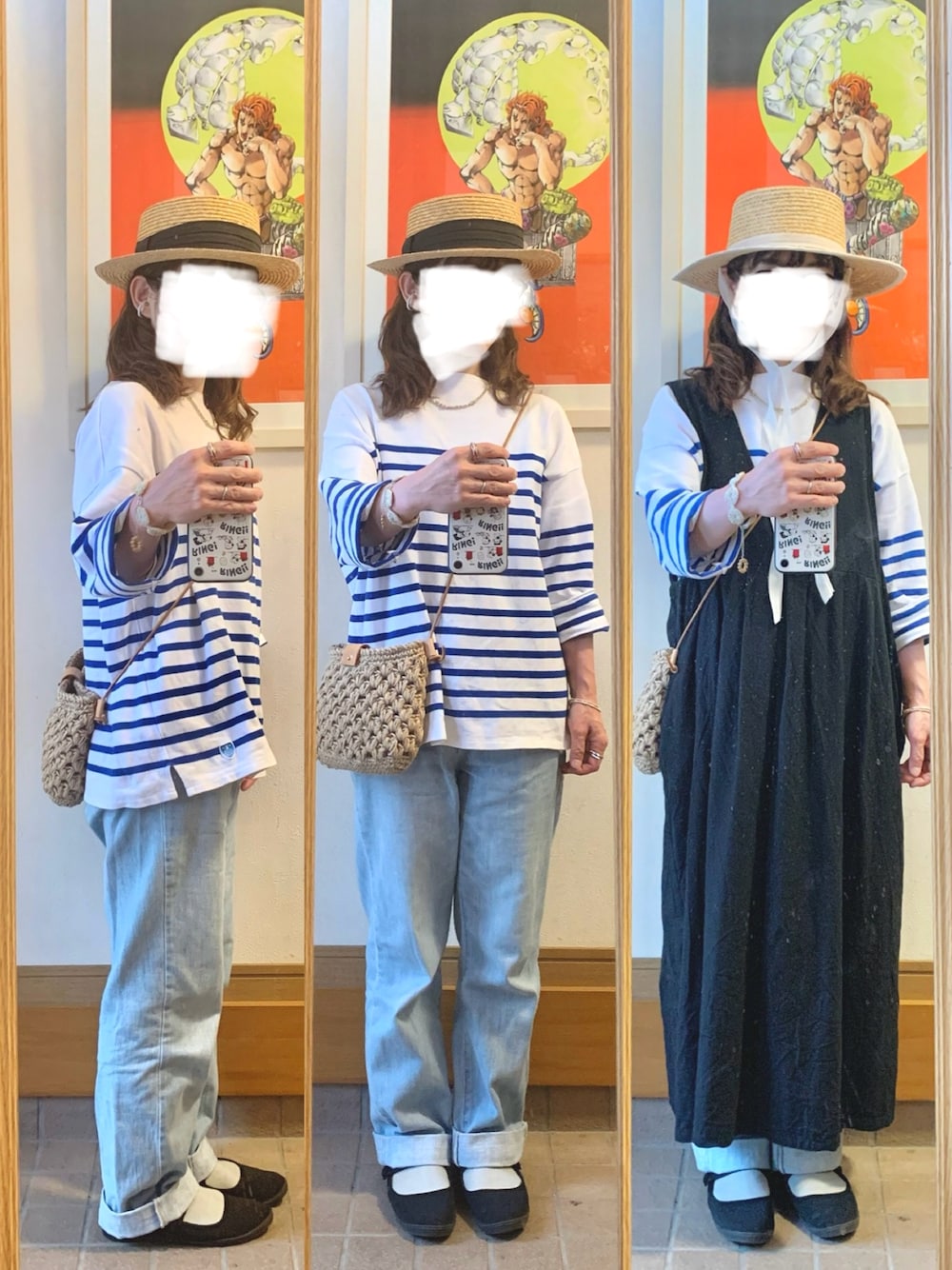 「昨日のコーデ、昨日の服、ボーダー、古着、薄色デニム、シンプルコーデ、前後着ワンピース、麦わら帽子」｜「14+のアイテム（ハット、ブラック系）」を使った、まっきさん（レディース・150cm）の春コーディネートの1枚目の写真