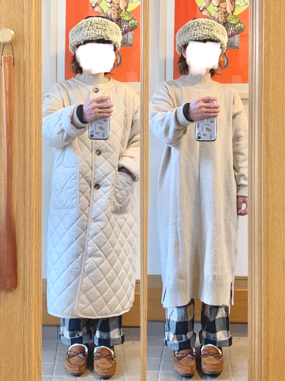 「今日のコーデ、今日の服、ニットワンピース、ギンガムチェック、モカシン、白コート、キルティングコート」｜「しまむらのアイテム（ワンピース、ホワイト系）」を使った、まっきさん（レディース・149cm）の冬コーディネートの1枚目の写真
