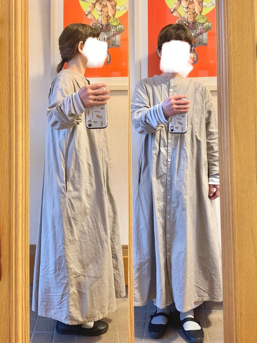 「昨日のコーデ、昨日の服、シンプルコーデ、グレー、ボーダー」｜「SUN VALLEYのアイテム（シャツワンピース、グレー系）」を使った、まっきさん（レディース・149cm）の春コーディネートの1枚目の写真