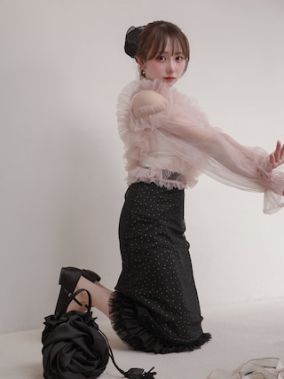 「ROYAL PARTY（ロイヤルパーティー）のチュールレイヤードドットタイトスカート（スカート）」を使った、白濱楓雅🐚 fuchan_2003さん（レディース・158cm）の春コーディネート