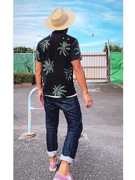 「THE H.W. DOG & CO. （ザエイチダブリュドックアンドコー）のPANAMA HAT BASIC（ハット）」を使った、YosaKuginoさん（メンズ・176cm）の夏コーディネート