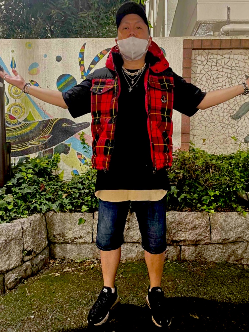 「秋のコーデ、お洒落さんとつながりたい、いいね、save、フォローお願いします🤑、古着、NEW ERA、MONCLER、+J、G-STAR RAW(G-STAR RAW)、AIR MAX95、モンクレール、低身長、赤チェック、Bboy、高円寺、高円寺古着屋」｜「NEW ERAのニューエラ キャップ サイズ調整 9FORTY NEW ERA（キャップ、ブルー系）」を使った、R・Tさん（メンズ・163cm）の秋コーディネートの1枚目の写真