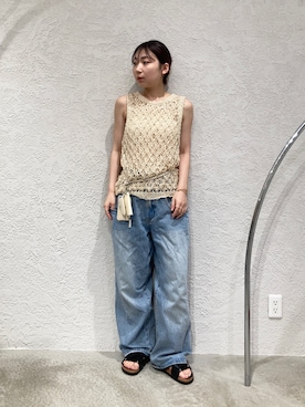 「KBF（ケイビーエフ）のスリーブレスクロシェニット（ニット/セーター、ホワイト系）」を使った、はやたさん（レディース・158cm）の夏コーディネート