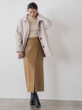 「レザースカート」｜「アイテム（ステンカラーコート）」を使った、Pierrotスタッフ★大人に似合う高コスパ服をお届けさん（レディース・165cm）の冬コーディネート