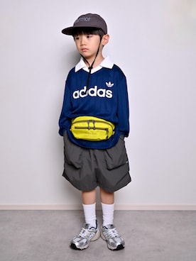 「green label relaxing（グリーンレーベルリラクシング）の【スタメンシリーズ】タッサー ハーフパンツ / キッズ  100cm-160cm（カーゴパンツ、グレー系）」を使った、tanshio.さん（キッズ・110cm）の夏コーディネート