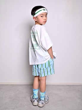 「PAIRMANON STREET（ペアマノンストリート）の【PAIRMANON STREET】オリジナル バック プリント 半袖 Tシャツ（Tシャツ/カットソー、ホワイト系）」を使った、tanshio.さん（キッズ・110cm）の夏コーディネート