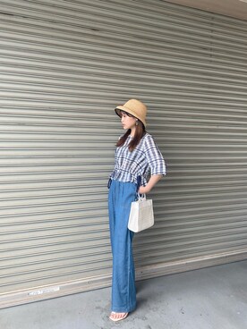 「studio CLIP（スタディオクリップ）のアイテム（帽子）」を使った、三橋栄香さん（レディース・155cm）の夏コーディネート