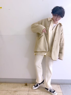 「コーデュロイパンツ」｜「アイテム（ノーカラーコート）」を使った、kahoさん（レディース・154cm）の冬コーディネート