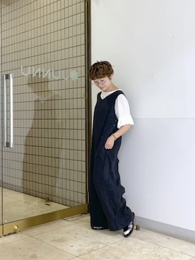 「Vネック」｜「アイテム（サロペット/オーバーオール）」を使った、kahoさん（レディース・154cm）の夏コーディネート