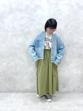 「ノーカラー」｜「アイテム（デニムジャケット）」を使った、kahoさん（レディース・154cm）の春コーディネート
