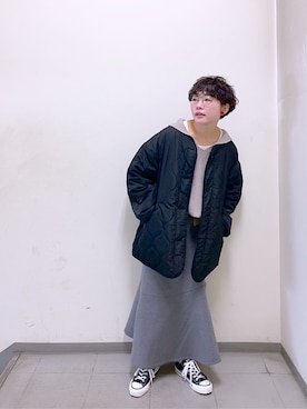 「チュニック」｜「アイテム（ノーカラージャケット）」を使った、kahoさん（レディース・154cm）の冬コーディネート