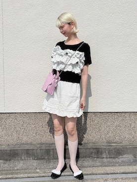 「loin nuit（ロワンニュイ）のfrill docking tops / フリルドッキングトップス（Tシャツ/カットソー、ブラック系）」を使った、ﾅﾂｷさん（レディース・166cm）の夏コーディネート