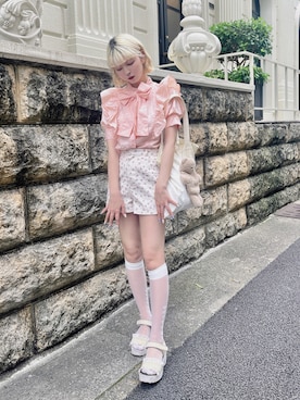 「one after another NICE CLAUP（ワンアフターアナザーナイスクラップ）のBigリボンブラウス（シャツ/ブラウス、ピンク系）」を使った、ﾅﾂｷさん（レディース・166cm）の春コーディネート
