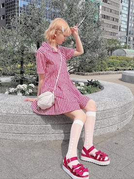 「merry jenny（メリージェニー）のリボンベルトサンダル（その他シューズ、レッド系）」を使った、ﾅﾂｷさん（レディース・166cm）の夏コーディネート