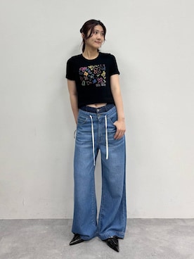 「JEANASIS（ジーナシス）の【kurry×JEANASIS】リンガーTEE/1043159（Tシャツ/カットソー、ブラック系）」を使った、ちゃやかさん（レディース・168cm）の夏コーディネート