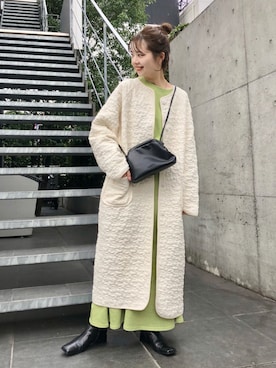 「Kastane（カスタネ）のアイテム（ノーカラーコート）」を使った、MihoUesugiさん（レディース・154cm）の秋コーディネート