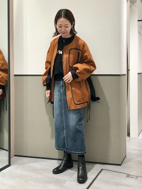 「ロゴニット」｜「アイテム（ノーカラージャケット）」を使った、k..さん（レディース・157cm）の冬コーディネート