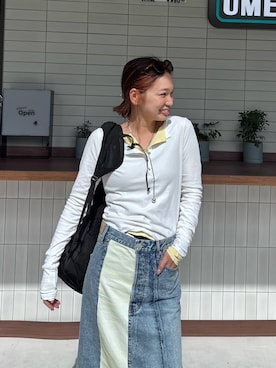 「Ungrid（アングリッド）のシアーヘンリーロンTee（Tシャツ/カットソー、ホワイト系）」を使った、あやさん（レディース・164cm）の春コーディネート