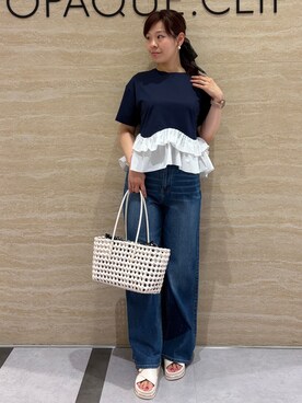 「OPAQUE.CLIP（オペークドットクリップ）の裾フリルドッキングTシャツ【洗濯機OK】（Tシャツ/カットソー、ブルー系）」を使った、みやさん（レディース・162cm）の夏コーディネート