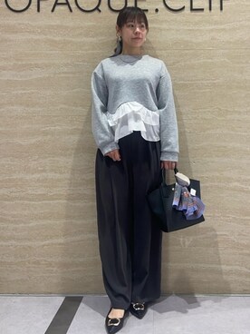 「OPAQUE.CLIP（オペークドットクリップ）の裾フリルドッキングトップス【洗濯機OK】（Tシャツ/カットソー、グレー系）」を使った、みやさん（レディース・162cm）の冬コーディネート