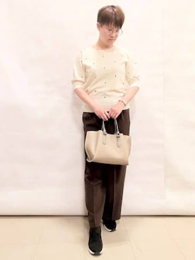 「SHOO・LA・RUE（シューラルー）の【S-LL/二の腕カバー】品よく隠せる　ドット刺繍5分袖ニット（ニット/セーター、ホワイト系）」を使った、natsushoola727さん（レディース・162cm）の春コーディネート