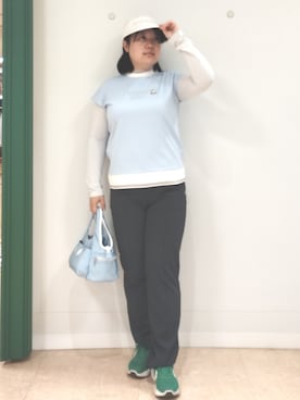 「adabat（アダバット）の【ADABAT NAVY】吸水速乾/接触冷感 フレンチスリーブモックT（Tシャツ/カットソー、ブルー系）」を使った、とみーさん（レディース・155cm）の春コーディネート