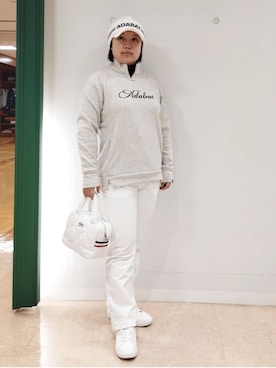 「adabat（アダバット）のキルティング防寒キャップ（キャップ、ホワイト系）」を使った、とみーさん（レディース・155cm）の冬コーディネート