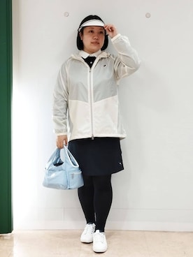 「adabat（アダバット）のビット柄クリップバイザー（サンバイザー、ホワイト系）」を使った、とみーさん（レディース・155cm）の冬コーディネート