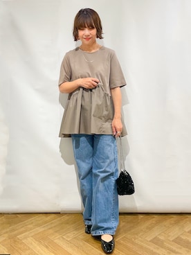 「OPAQUE.CLIP（オペークドットクリップ）のペプラムドッキングカットソー【洗濯機OK】（Tシャツ/カットソー、ブラウン系）」を使った、なかさん（レディース・157cm）の春コーディネート
