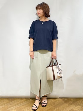 「index（インデックス）の【接触冷感】タックパフスリーブブラウス《吸水速乾／防シワ／洗濯機OK／XS～3L／6col》（シャツ/ブラウス、ブルー系）」を使った、なかさん（レディース・157cm）の春コーディネート