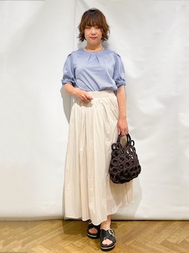 「index（インデックス）の【吸水速乾】ストライプ調デザインスリーブトップス《洗濯機OK》（Tシャツ/カットソー、ブルー系）」を使った、なかさん（レディース・157cm）の春コーディネート